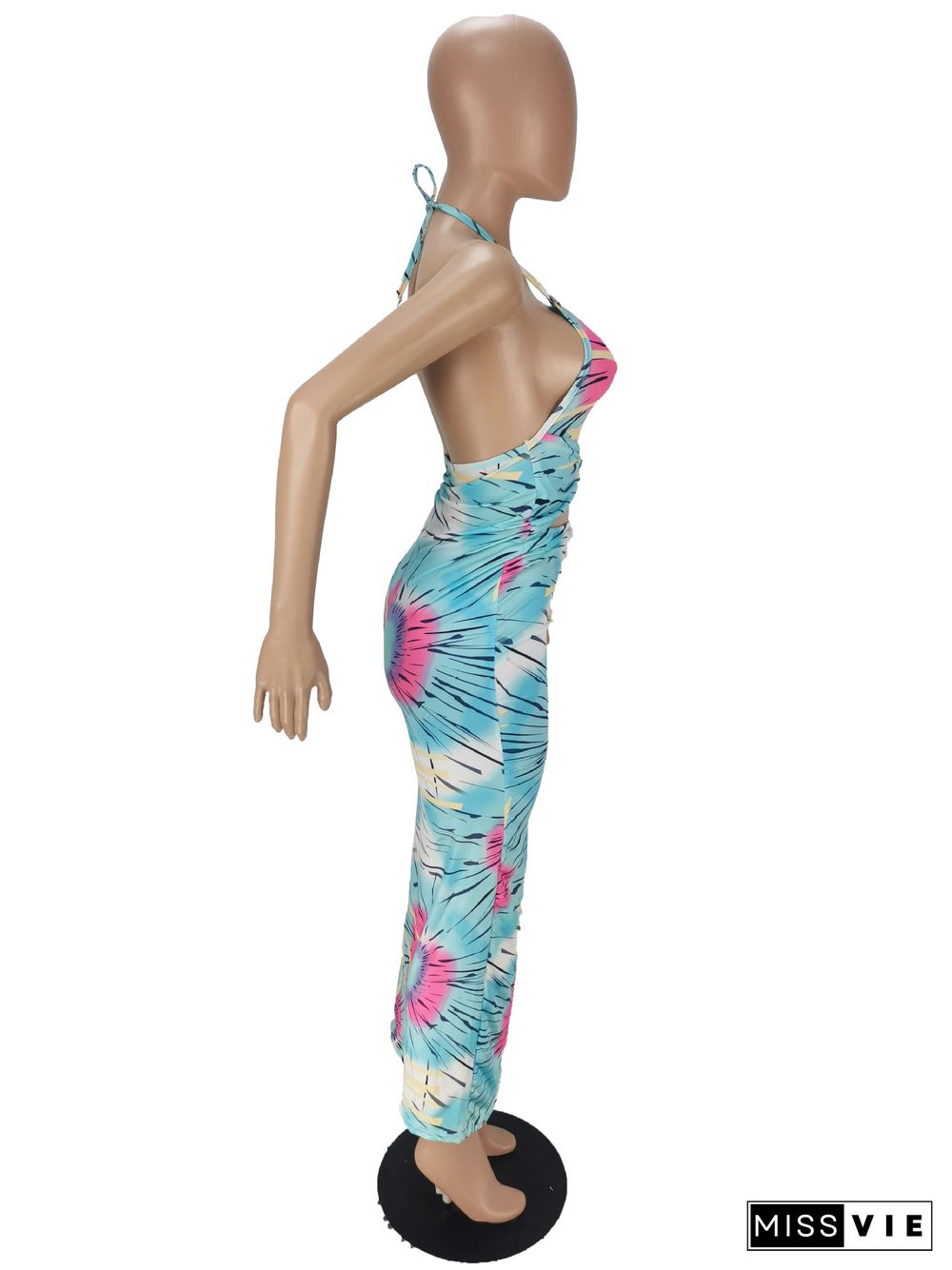 Cut Out Print Halter Backless Skinny Maxi Dresses