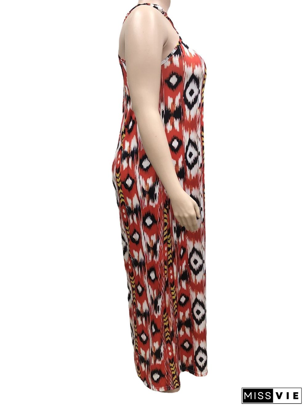 Women Fashion Print Skew Shoulder Sleeveless High Waist Loose Casual Plus Size Wide Leg Jumpsuit