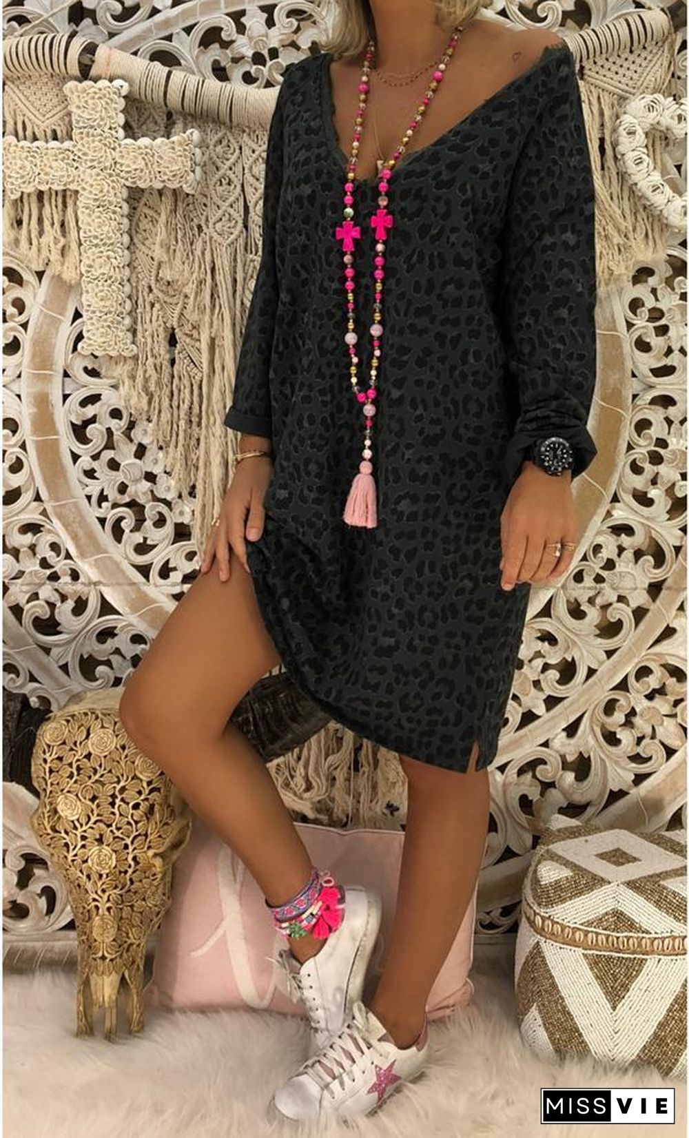 Cotton Long Sleeve Casual Printed Dresses