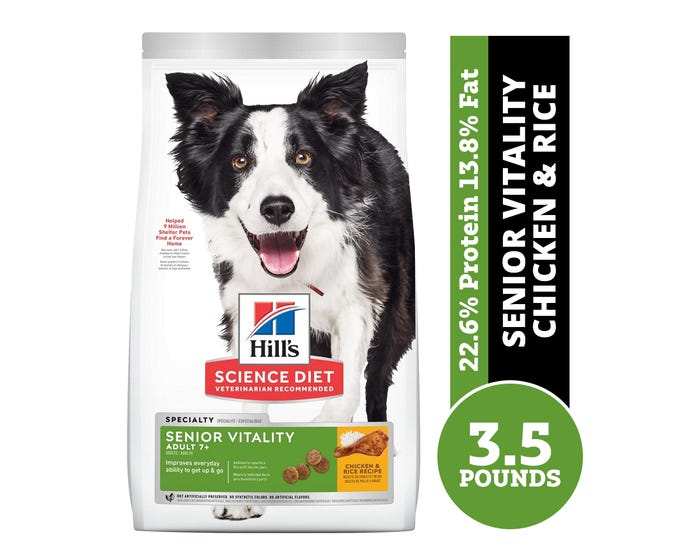 Hills Science Diet Adult 7+ Senior Vitality Chicken  Rice Recipe Dry Dog Food， 3.5 lb Bag