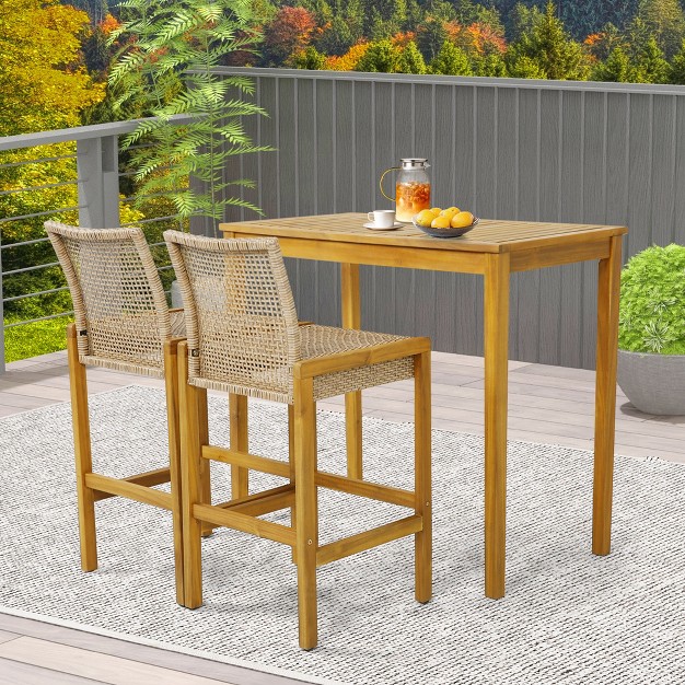 Costway Set Of 2 Patio Wood Barstools Rattan Bar Height Chairs With Backrest Porch Balcony