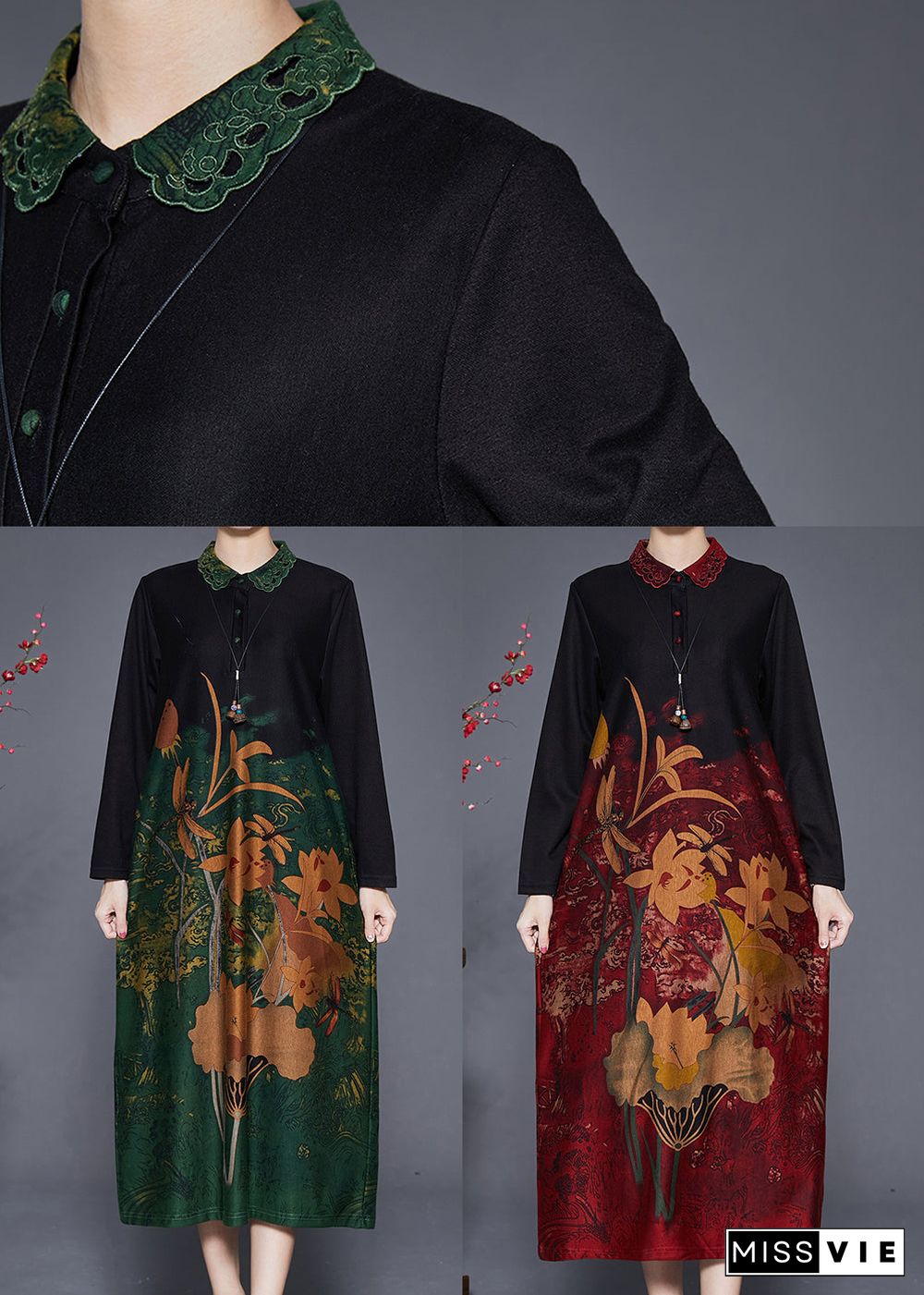 Elegant Green Print Peter Pan Collar Silk Long Dresses Fall