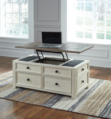 Signature Design by Ashley Bolanburg Farmhouse Lift Top Coffee Table with Drawers, Antique White & Brown