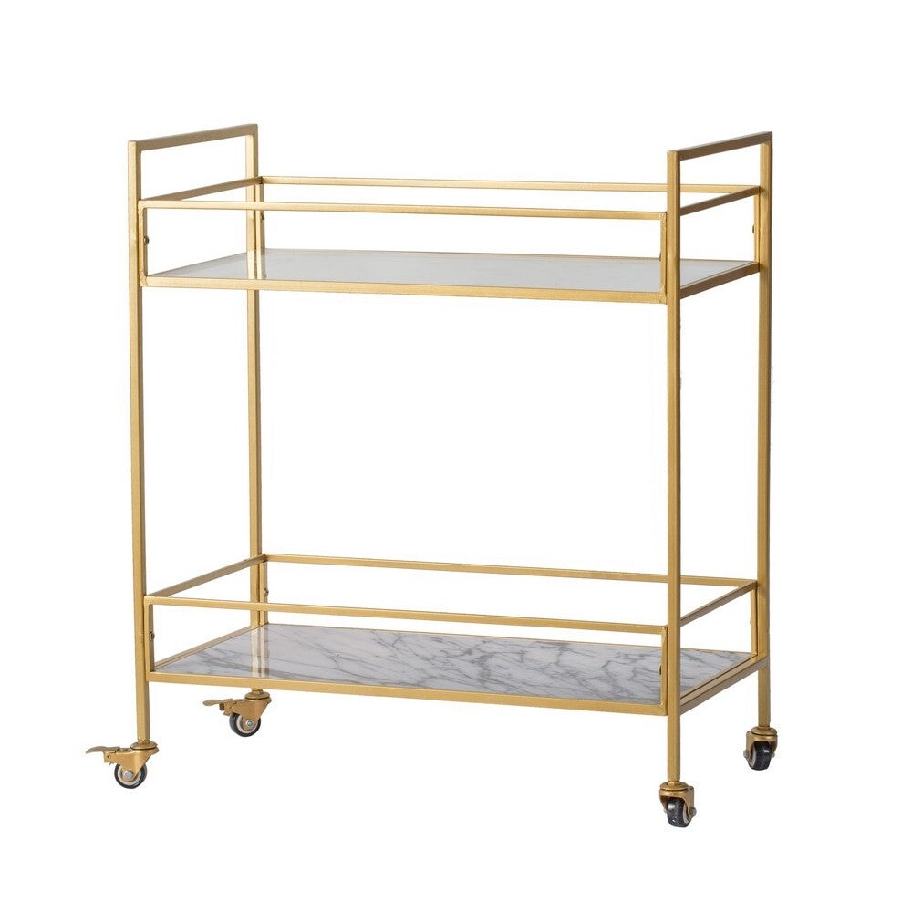 28 Inch Rolling Bar Cart， Modern， 2 Tier， Caster Wheels Glass Shelves， Gold - 32 H x 14 W x 28 L Inches