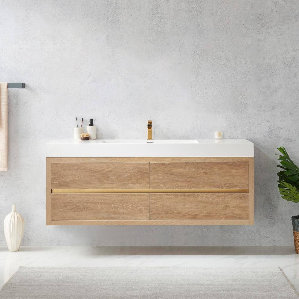 ROSWELL Palencia 60 in. W x 20 in. D x 23.6 in. H Bath Vanity in North American Oak with White Integral Composite Stone Top 803160-NO-WHN