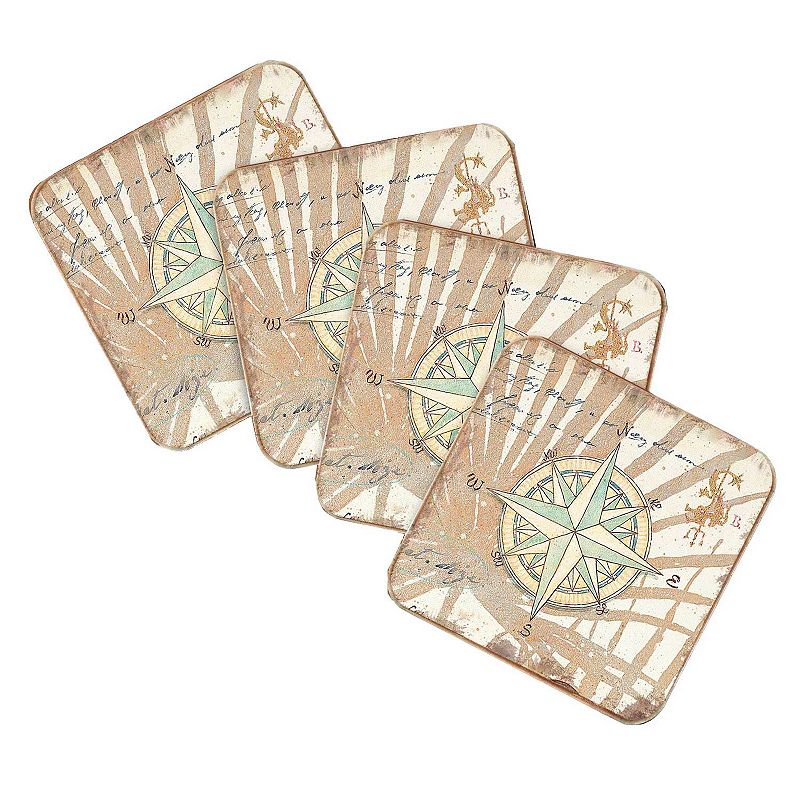 Compass Coastal Wooden Cork Coasters Gift Set of 4 by Nature Wonders