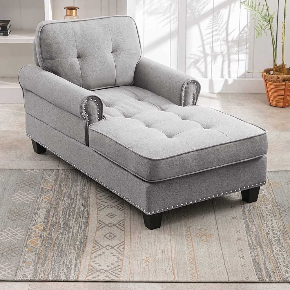 Mixoy Tufted Linen Chaise Lounge Chair with Armrests  Modern Mid Century Chaise Lounge Sofa Couch  Rivet Sleeper Sofa Chair