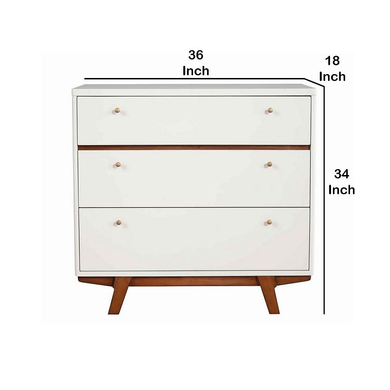 3 Drawer Wood Chest with Round Pulls and Angled Legs， Small，White and Brown