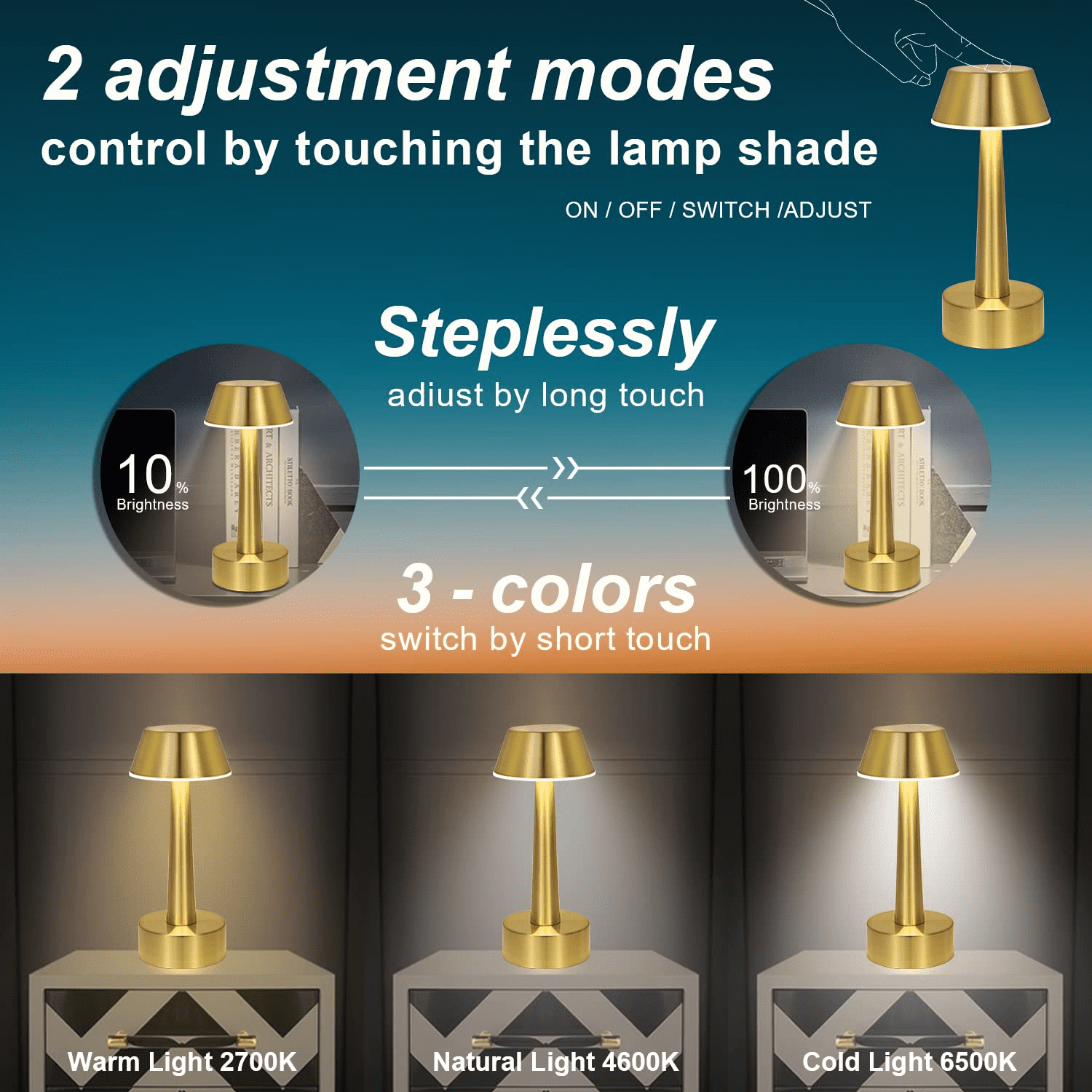 UMEXUS Gold Accent Table Lamp Set of 2, Portable Small Lamps Rechargeable Touch Control Table Lamp, Metal Industrial Bedside Night Light Small Lamps for Living Room, Dining Room Bar Restaurant Patio