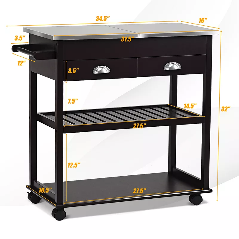 Stainless Steel Mobile Kitchen Trolley Cart With Drawers and Casters-Brown