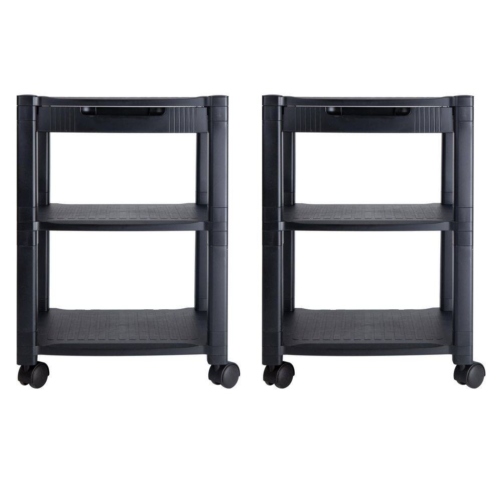 Mind Reader Anchor Collection Mobile Printer Cart with 3-Tiers Storage Drawer 75lb. Capacity Set of 2 Black 2PRCART-BLK