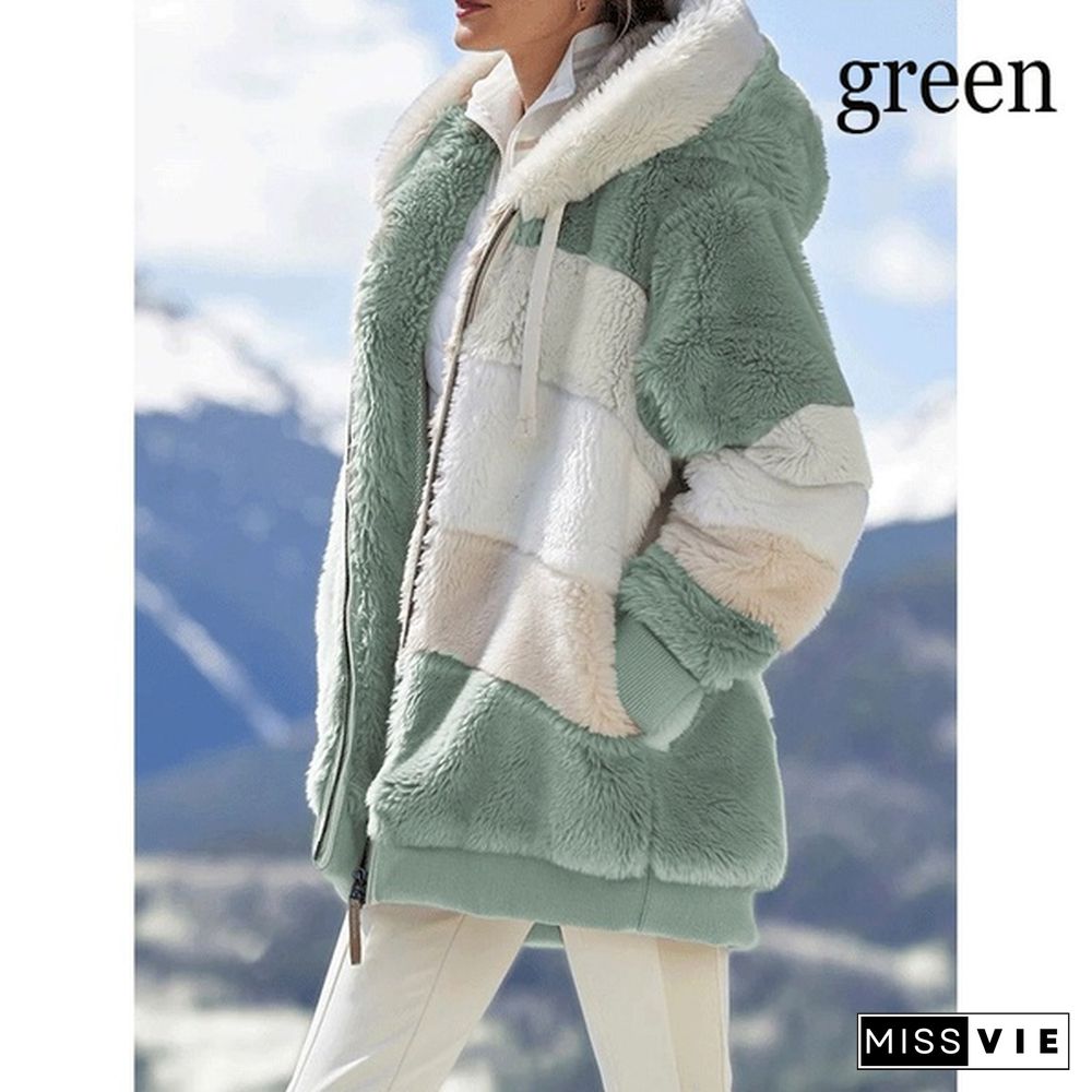 Plus Size Winter Women's Plush Coat Fashion Casual Stitching Plaid Ladies Clothes Hooded Zipper Ladies Parka Coat Cashmere Women Jacket Patchwork Outerwear Feminina Blouson Femme