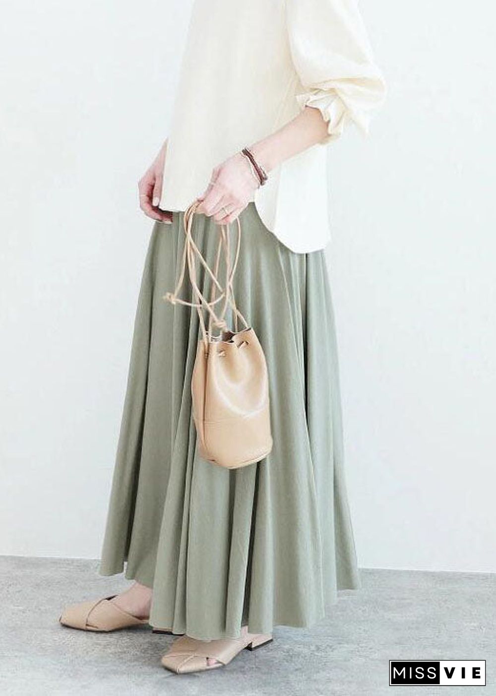 Elegant Light Green Wrinkled Exra Large Hem Cotton Skirt Spring