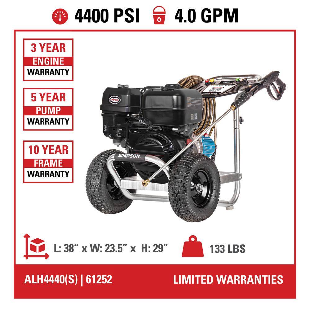 SIMPSON Aluminum 4400 PSI at 4.0 GPM CRX 420 with CAT PUMPS Cold Water Professional Gas Pressure Washer ALH4440-S