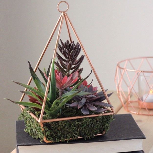 Succulent Artificial Arrangement In Copper Wire Terrarium - Green/brown