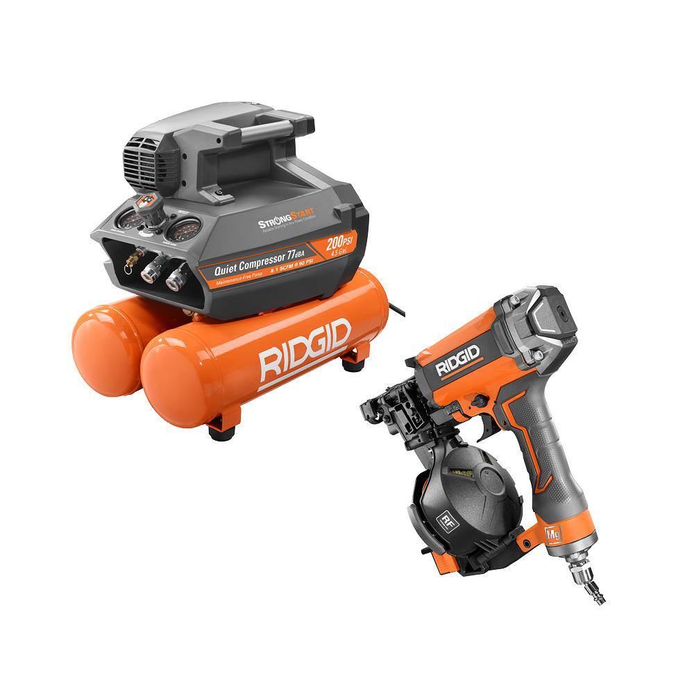 RIDGID 4.5 Gal. Portable Electric Quiet Air Compressor with 15 1-34 in. Coil Roofing Nailer OF45200SS-R175RNF