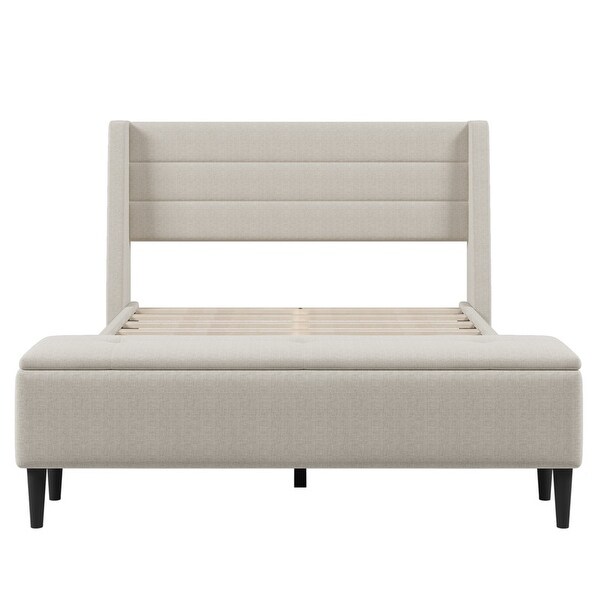 Beige Queen Upholstered Storage Bed with Storage Ottoman Bench and Two Nightstands - - 37893671