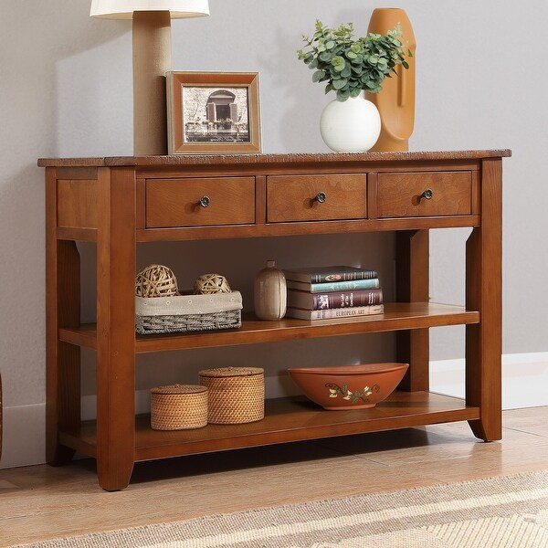 Solid Pine Wood Console Table Cabinet， Classic Vintage Design Entryway Side Table with 3 Storage Drawers and 2 Shelves