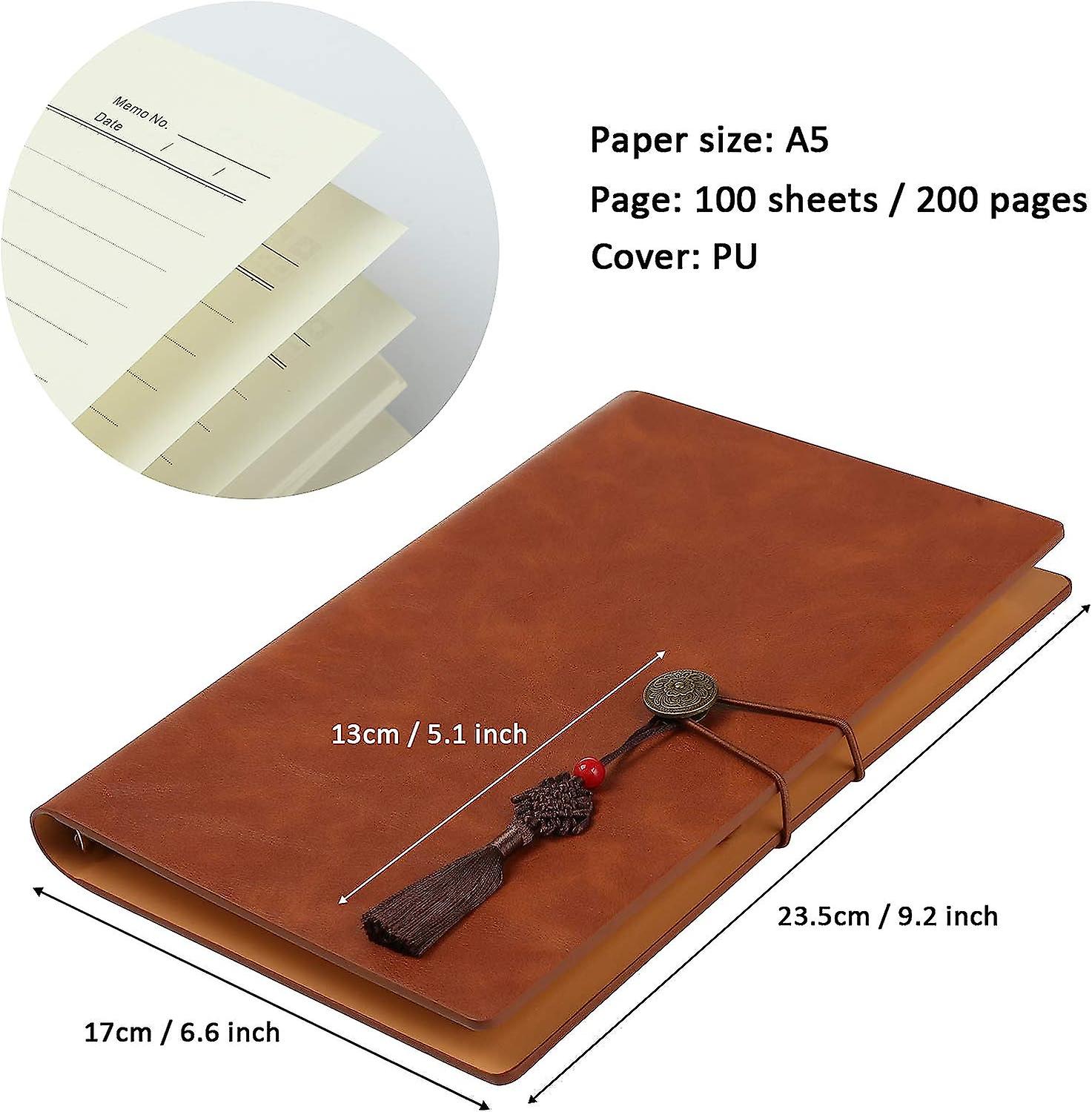 A5 Refillable Lined Leather Journal， Ruled Hardcover Executive Writing Notebook With Card Holder and Elastic Closure， 200 Pages， 8.2 X 5.8 In， Brown