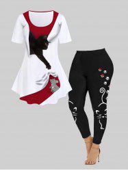 Cat and Mouse Print T-shirt and Cartoon Cat Printed Leggings Plus Size Outfit