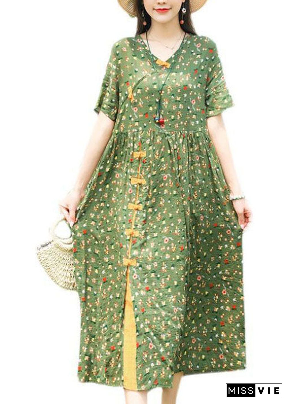 Boho Green Stand Collar Chinese Button Print Linen Dress Summer