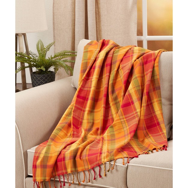 Harvest Plaid Cotton Throw Blanket Orange Saro Lifestyle