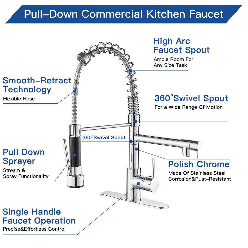 BWE Single-Handle Pull-Down Sprayer 2 Spray High Arc Kitchen Faucet With Deck Plate in Polished Chrome A-94008-C