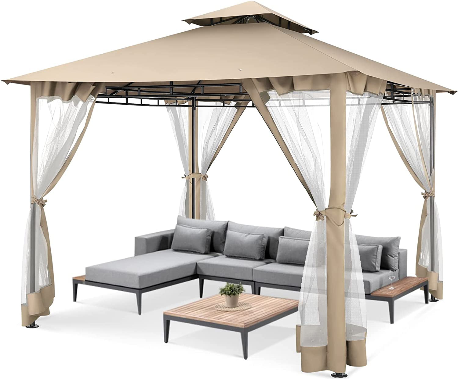 10 ' x 10 ' Gazebos for Patios, Gazebo Canopy with 4 Mosquito Netting, Rainproof & Sunscreen Shelter Tent with Double Eaves for Garden Backyard and Deck