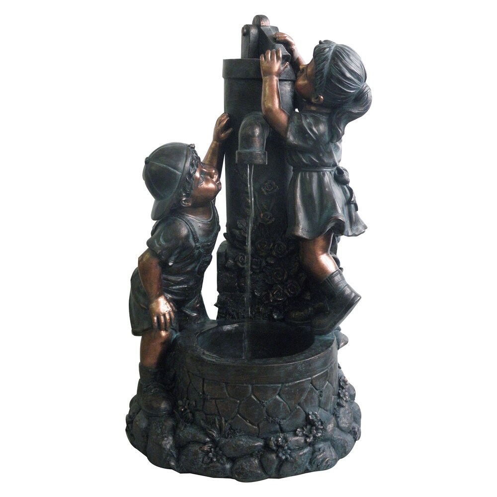 Pure Garden Boy and Girl Water Outdoor Fountain   14.6 x 15.5 x 28