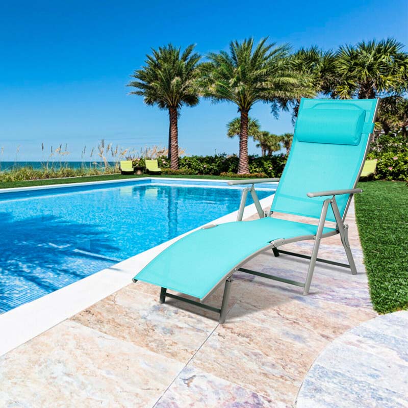 7-Position Folding Outdoor Chaise Lounge Chair, Lightweight Patio Pool Chair Sun Lounger with Cushion & Pillow