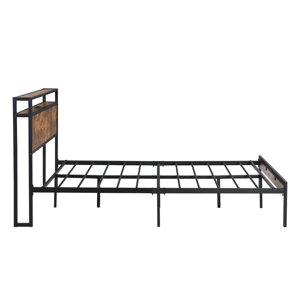 Queen Size Modern Style Metal Platform Bed Frame with Footboard and Wooden Headboard with USB LINER Large Under Bed Storage