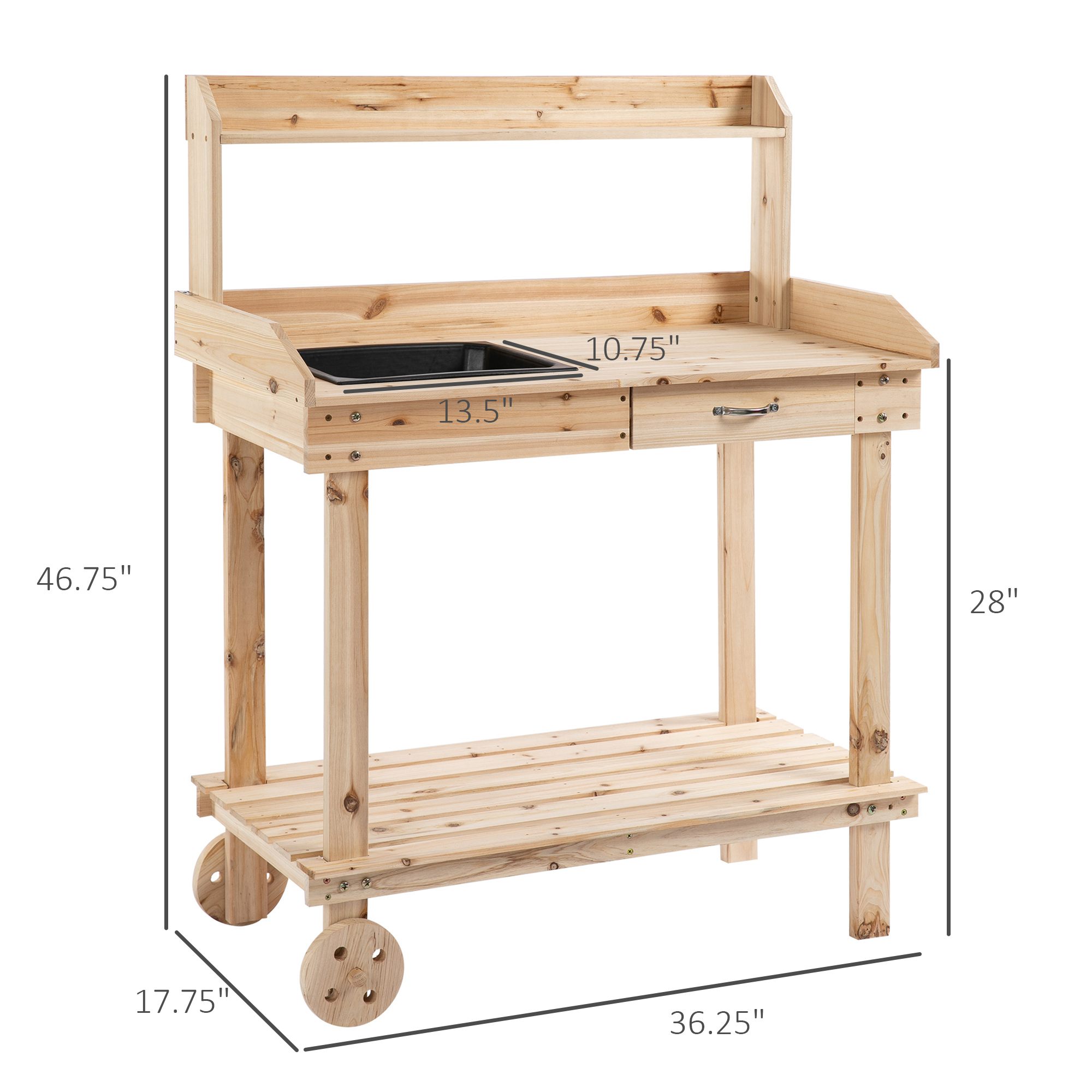 36'' Gardening Workbench with 2 Removable Wheels, Sink, Drawer & Large Storage Spaces, Wooden Potting Bench Work Table Natural