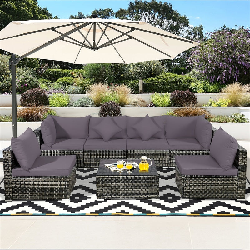 7 Pcs Rattan Patio Sectional Couch Set Outdoor Wicker Furniture Set with Cushions & Coffee Table