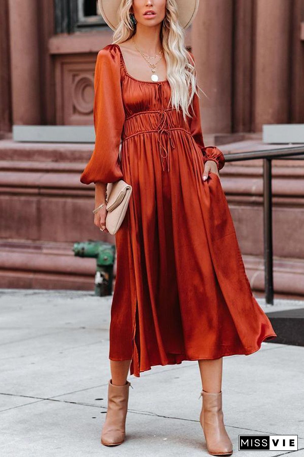 Satin Pocket Drawstring Long Sleeve Midi Dress