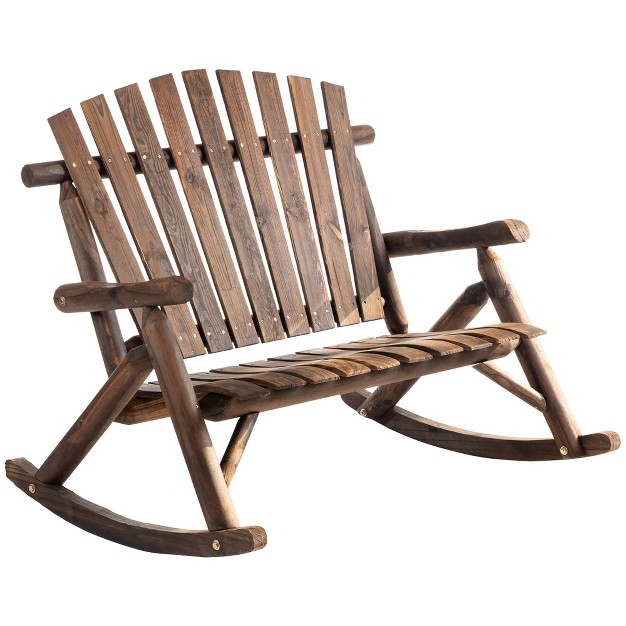 Outsunny Outdoor Adirondack Rocking Chair With Log Slatted Design 2 seat Patio Wooden Rocker Loveseat With High Back For Lawn Backyard Garden