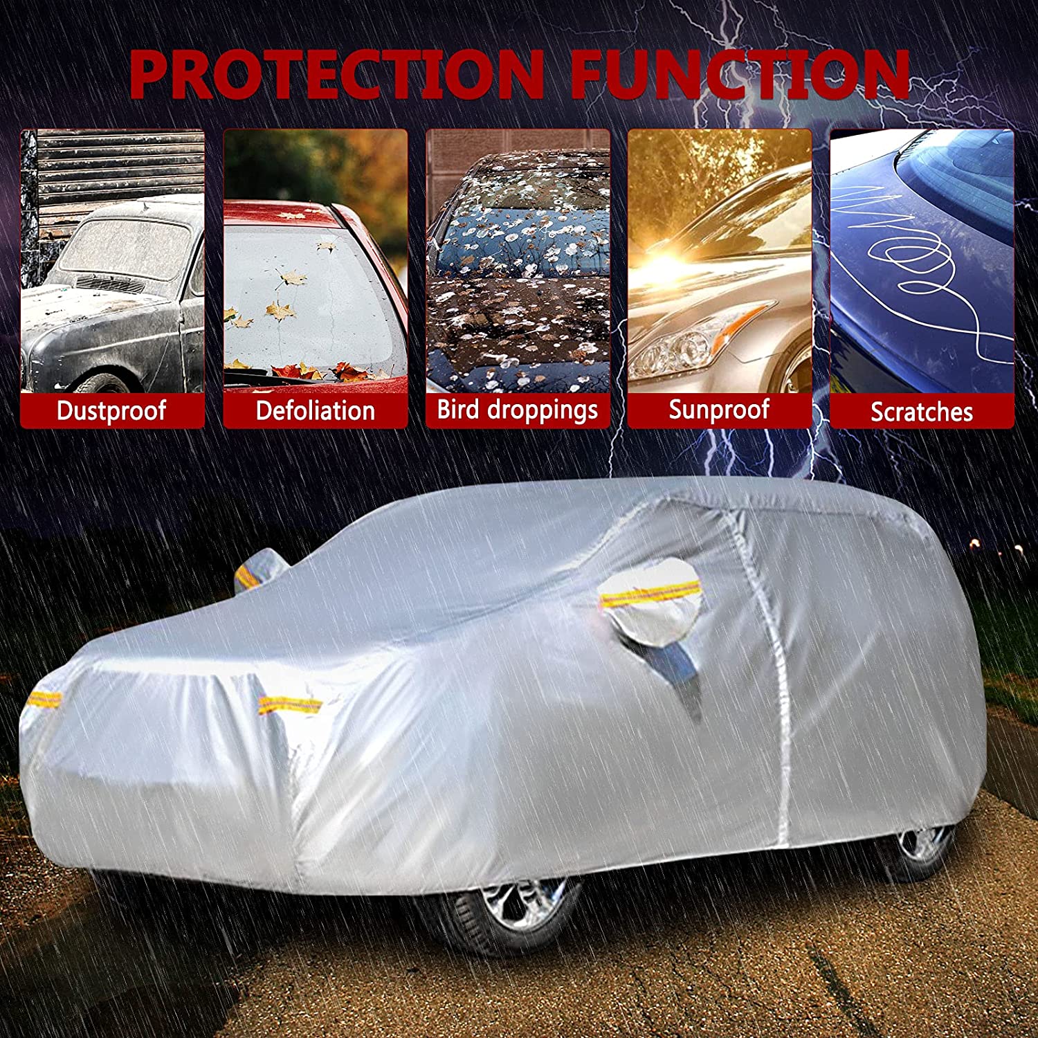 NEVERLAND Car Cover Waterproof All Weather Protection with Zipper Cotton Outdoor Full Cover Rain Sun UV Proof for Automobiles Universal Fit for SUV