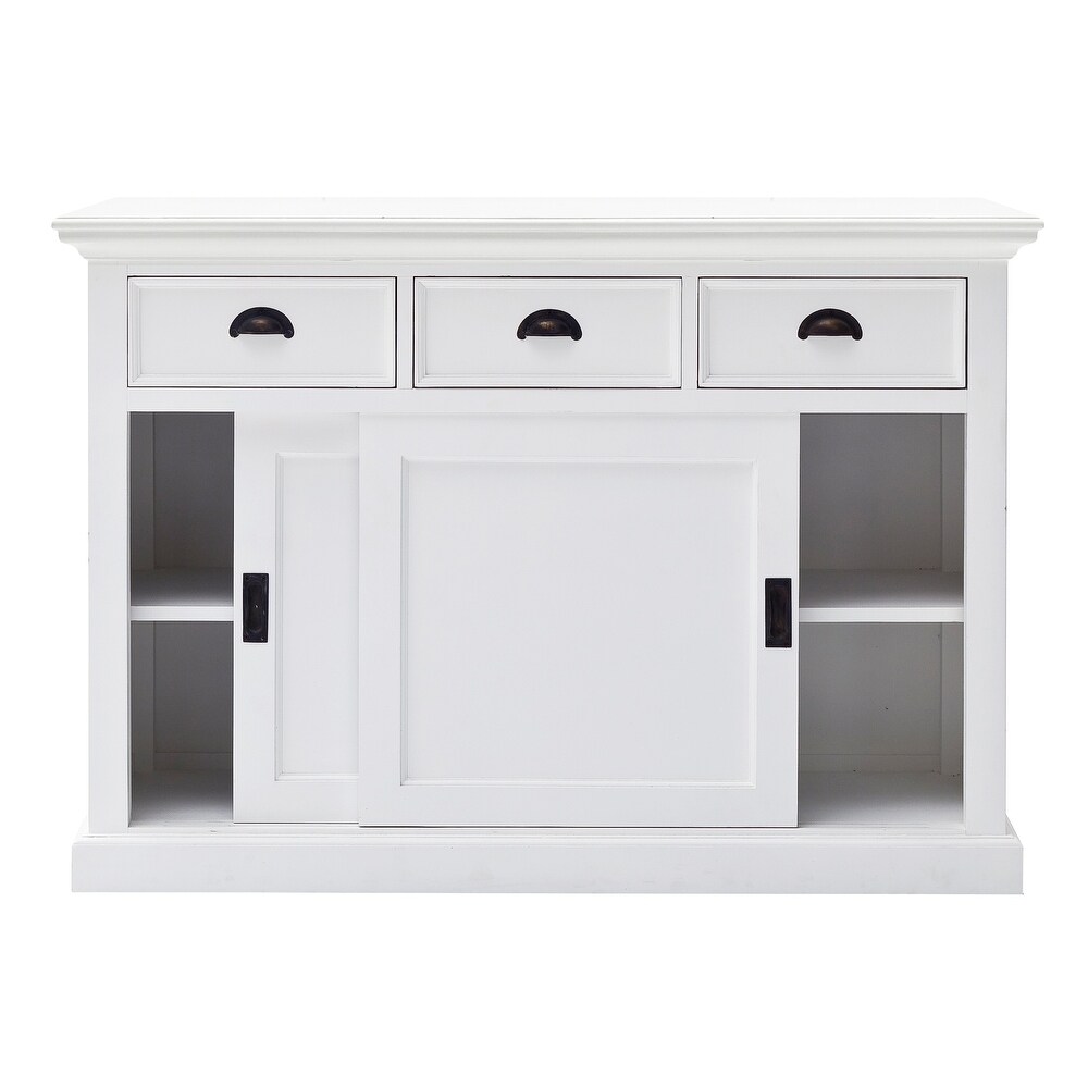 NovaSolo Halifax Coastal White Sideboard with Sliding Doors  Solid Mahogany Frame  49.21 x 19.69 x 33.46