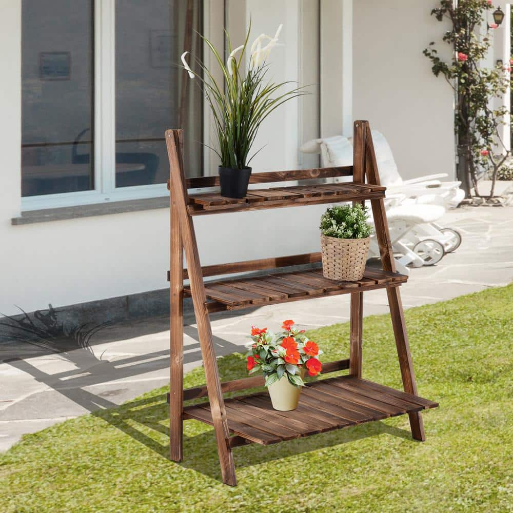 Outsunny 31.5 in. L x 14.75 in. W x 37 in. H 3-Tier Brown Wood Folding Flower Rack Plant Stand 845-112