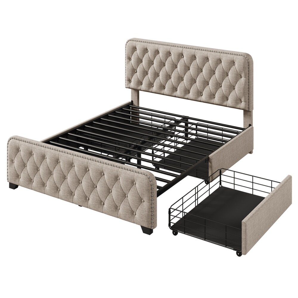 Upholstered Platform Bed Frame with Four Drawers Tufted Headboard and Footboard