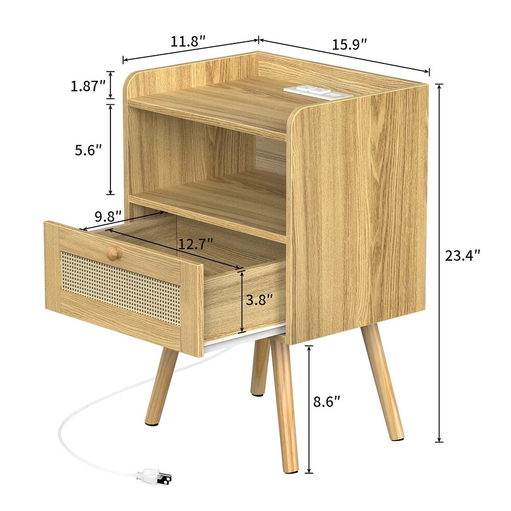 Nightstand with Charging Station   Rattan Like Decor Drawer  Rattan End Table with Solid Wood Feet  Bed Side Table