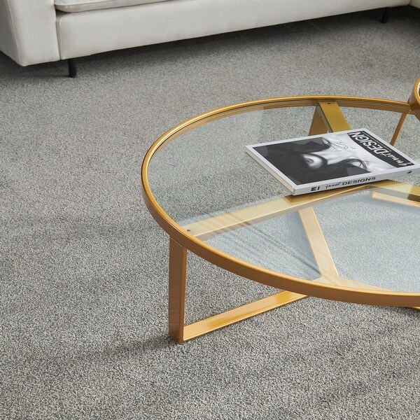 Golden metal frame with round tempered glass tabletop coffee table