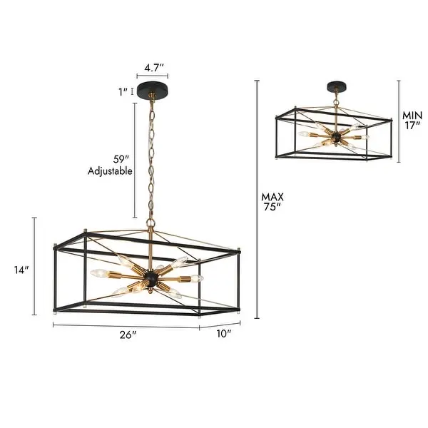 Leno Modern Farmhouse 8-Light Black Gold Rectangle Chandelier Starburst Island Lights for Dining Room