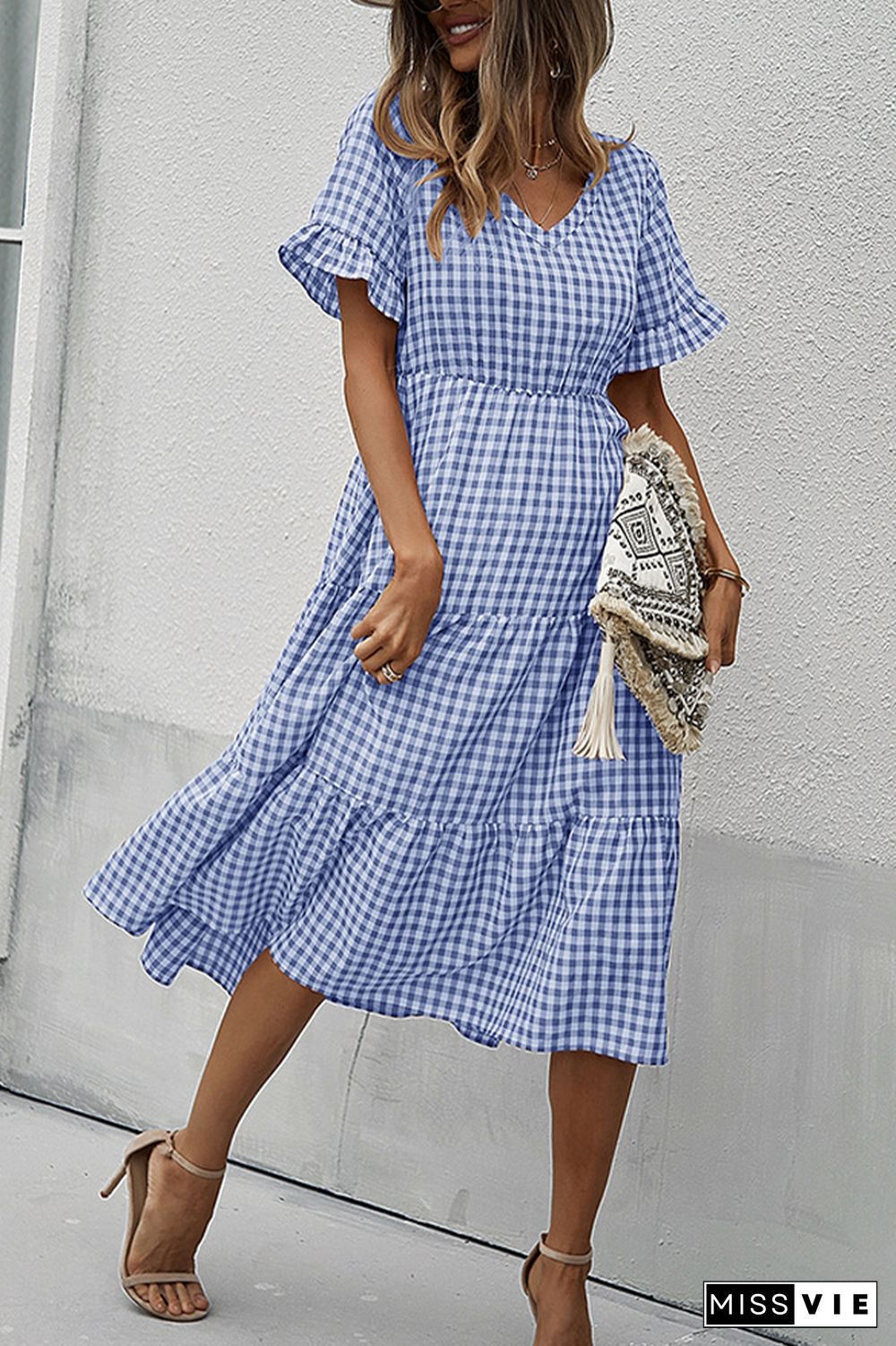 Plaid V-neck Short Sleeve Long Dress Wholesale