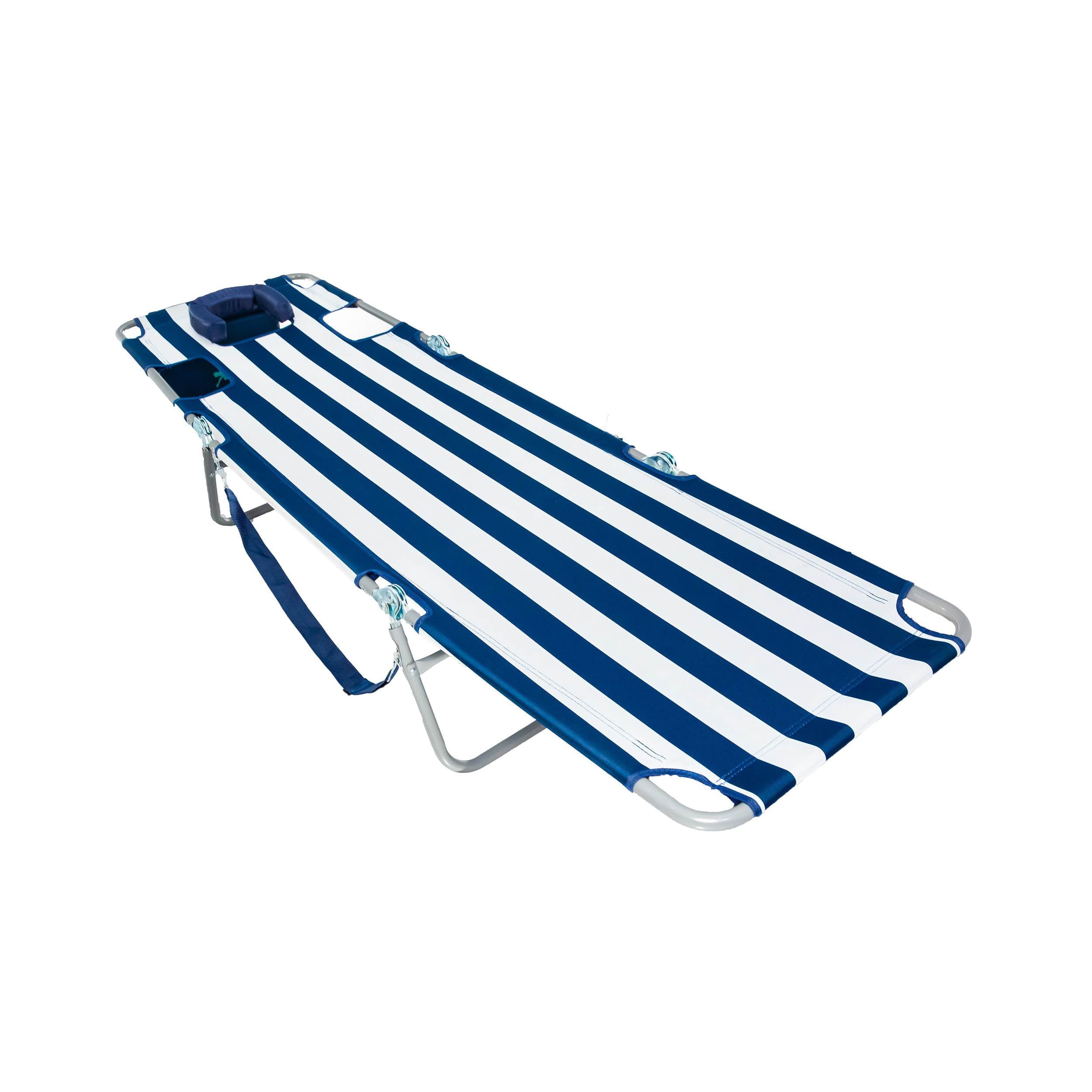 Ostrich Chaise Lounge Folding Portable Sunbathing Beach Chair， Navy Stripes， Polyester， Steel， (Blue， Multicolor， White)