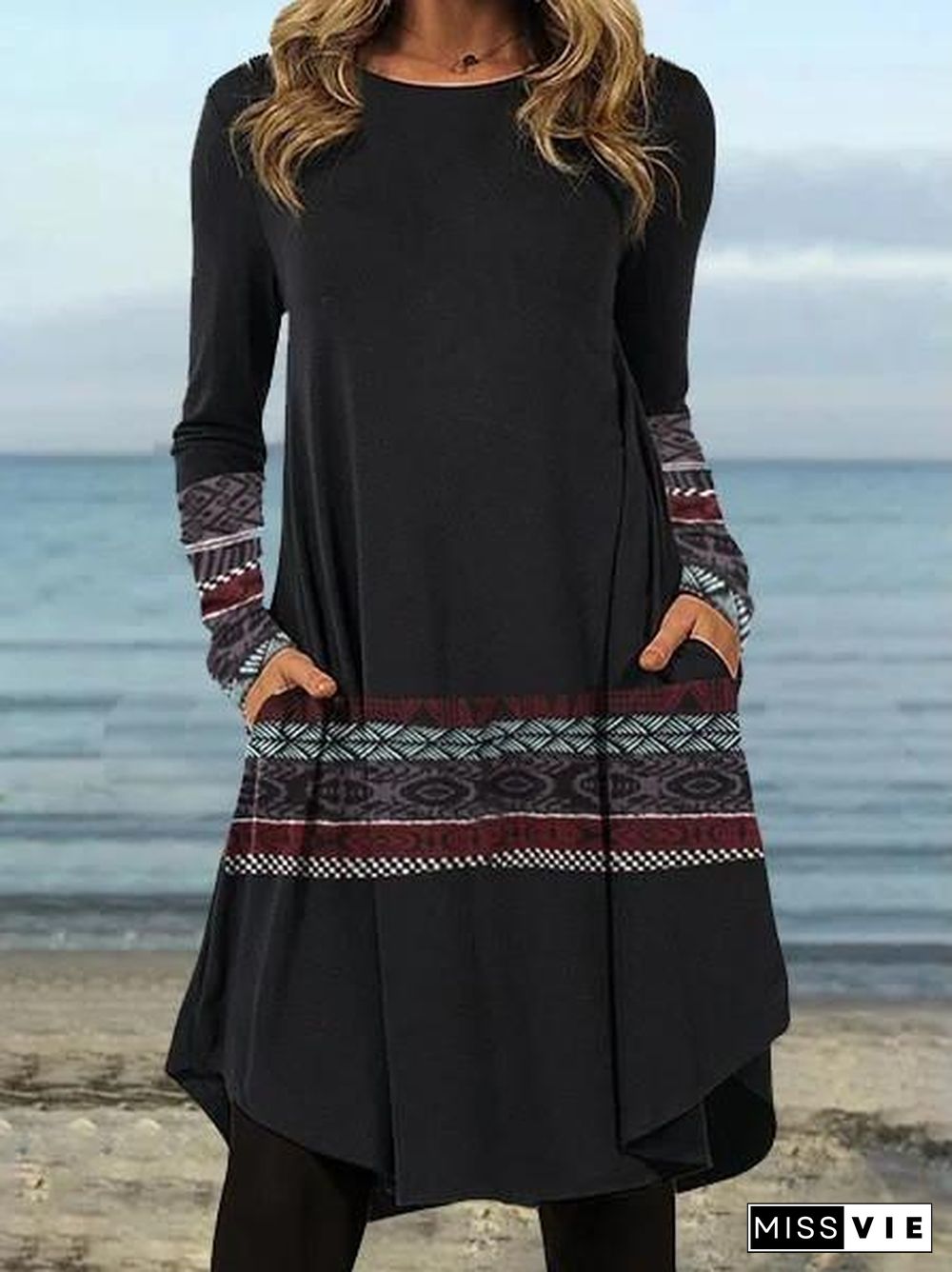 Women Long Sleeve Scoop Neck Geometric Colorblock Dress