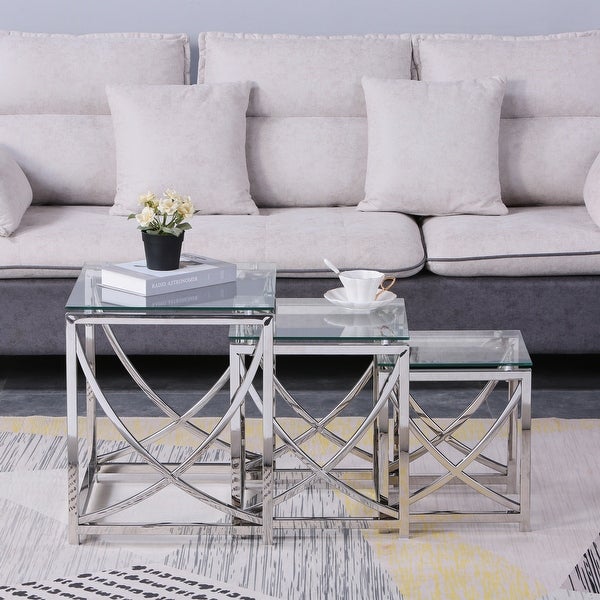 3 Pcs Modern Nesting Coffee Table with Glass Countertops， Sofa Table with Stainless Steel Frame for Living Room， Office