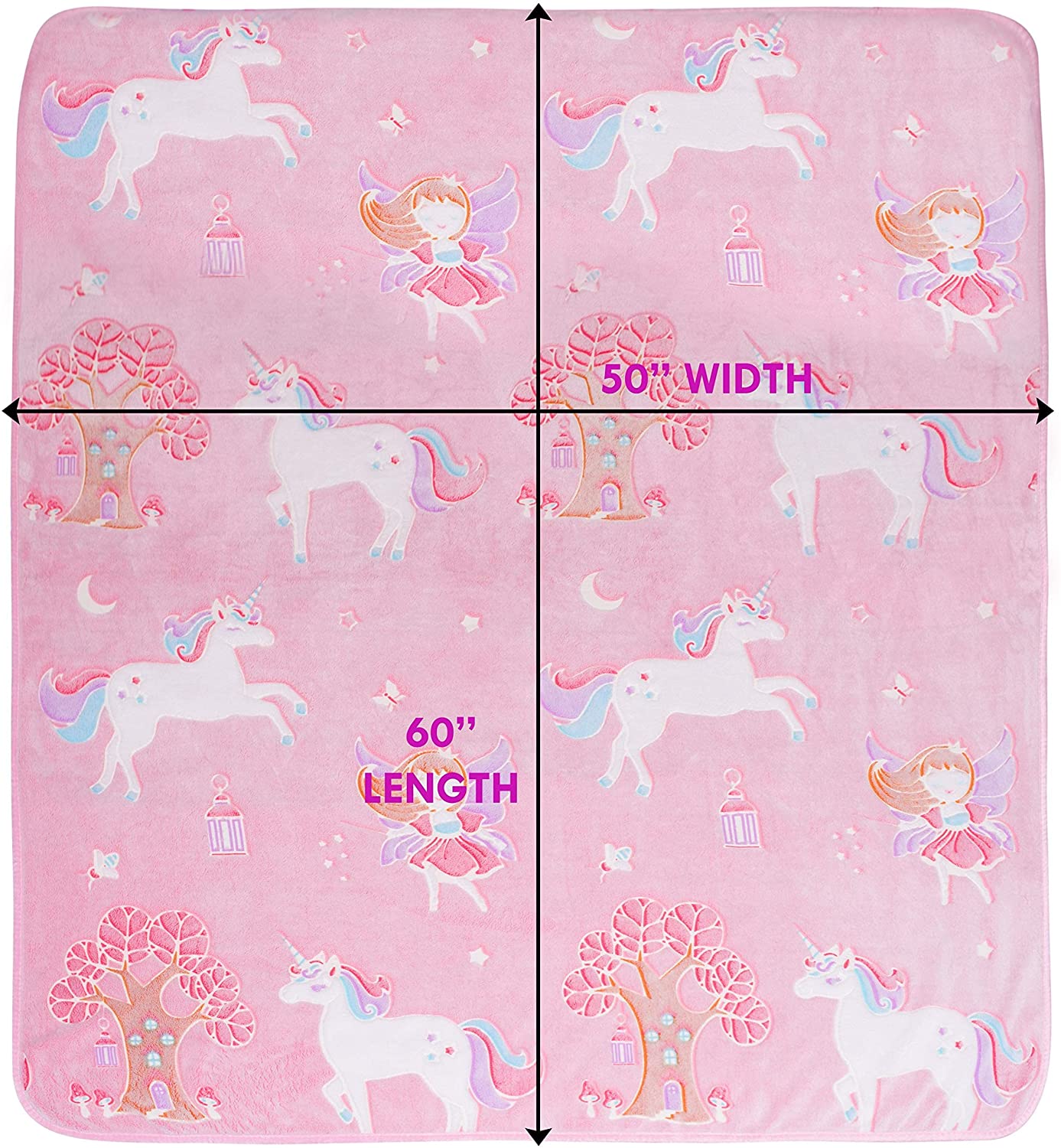 Glow in The Dark Unicorn Blanket for Girls – Soft Pink Fleece Throw. Great Christmas， Birthday， Baby， Toddler Unicorn Gifts! Premium Fuzzy Blanket with Fairy， Butterfly， Stars. Bright Long-Last Glow