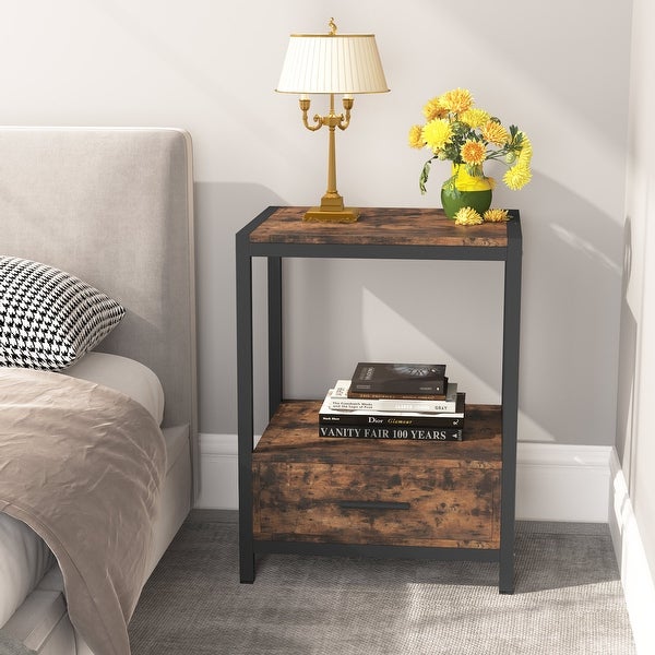 White and Gold Nightstand with Drawer and Storage Shelves