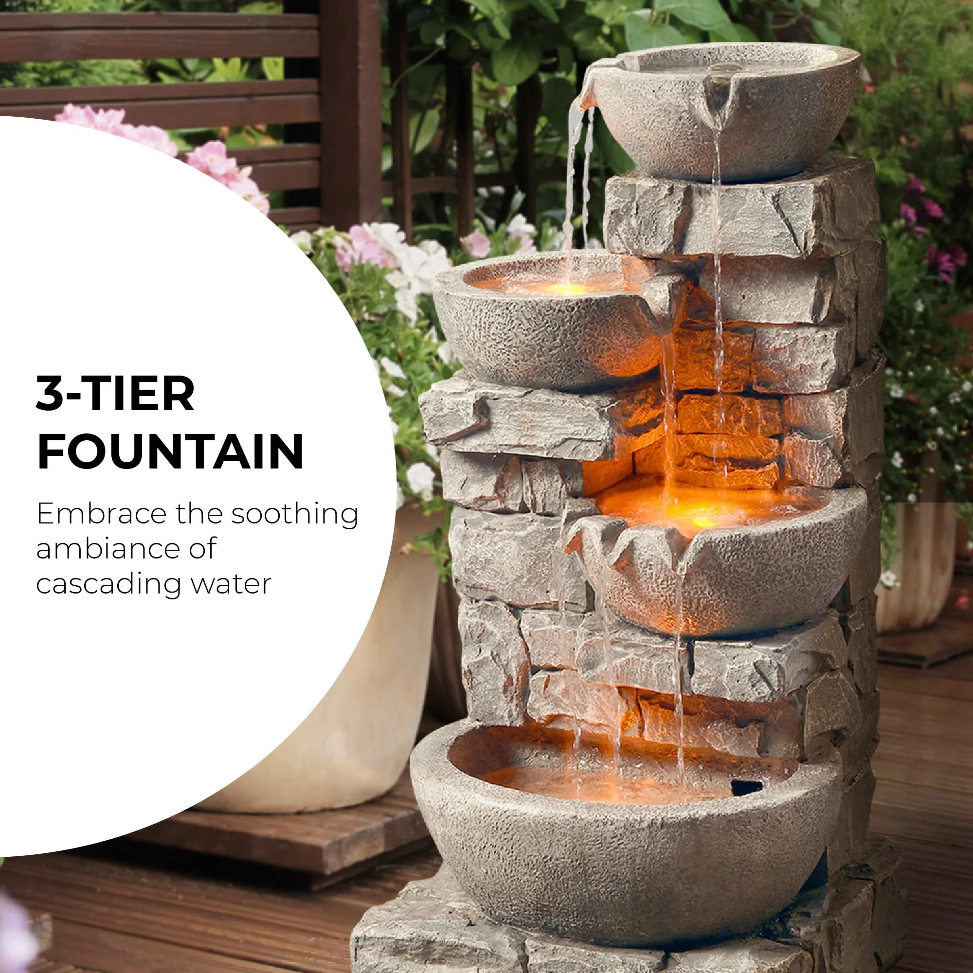 💕Clearance sale💕4 tier bowl floor stacked stone waterfall fountain with LED lights and pump