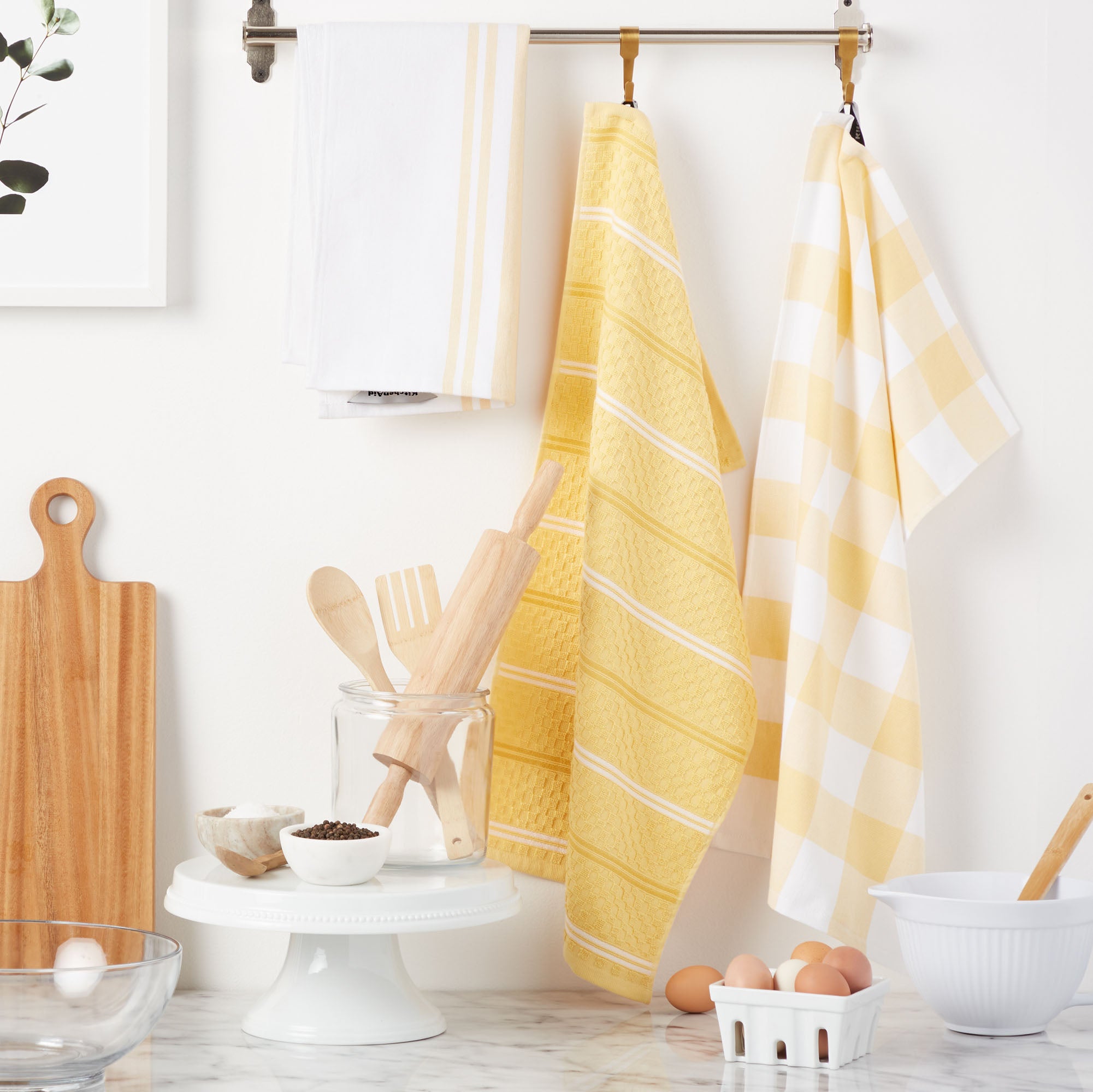 KitchenAid Stripe Gingham Dual Purpose Kitchen Towel 3-Pack Set， Majestic Yellow， 16 x 28